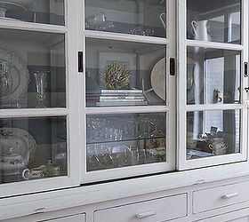 hutch makeover with milk paint, painted furniture, The smooth finish on the shelves and doors of the hutch made it necessary to use some bonding agent
