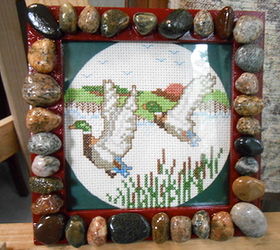 my lake superior rock collection, crafts, home decor, pallet, repurposing upcycling, hand stitched pic flying ducks in red rock trimmed frame given as a gift