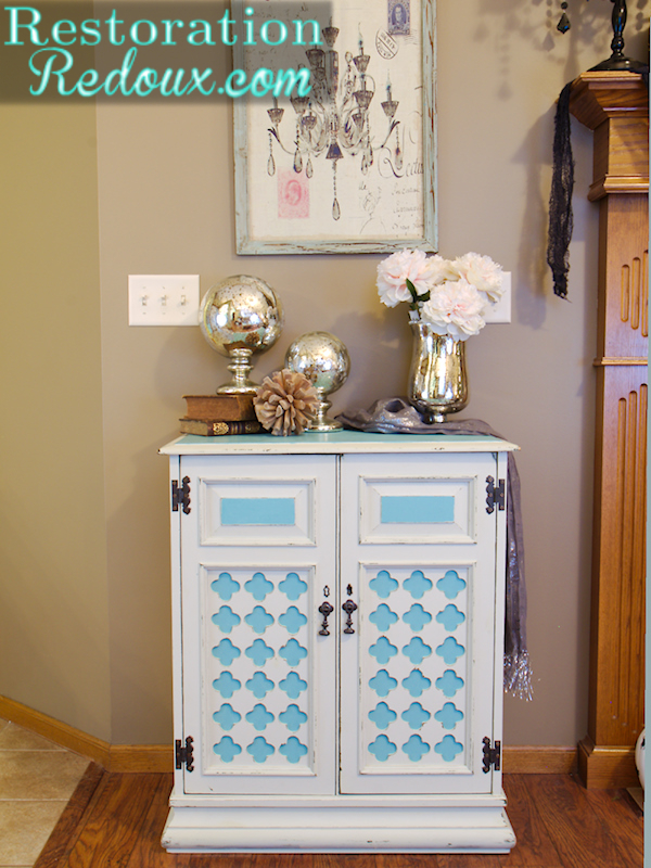 ivory and blue vintage cabinet, painted furniture, Fullview