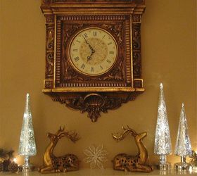 christmas mantel, christmas decorations, seasonal holiday decor, Gold deer admire the glistening trees