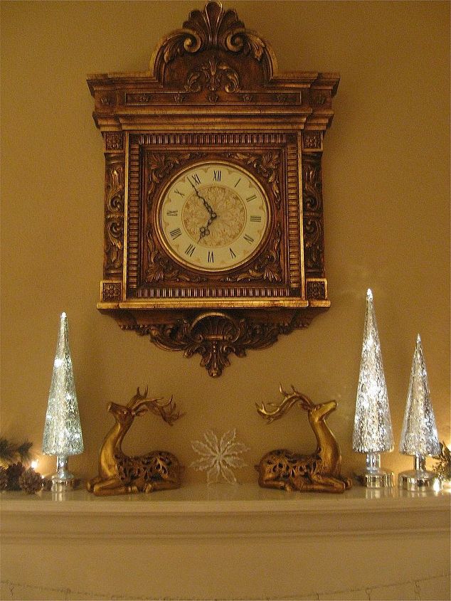 christmas mantel, christmas decorations, seasonal holiday decor, Gold deer admire the glistening trees