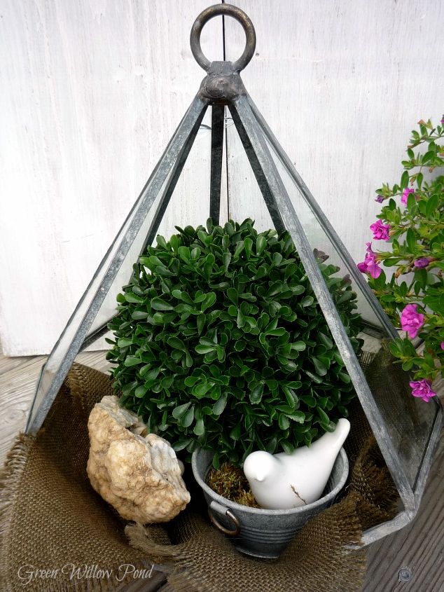 use a terrarium for a cloche, gardening, home decor, terrarium, A faux boxwood makes a nice filler