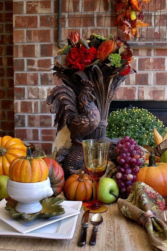 a harvest table, fireplaces mantels, outdoor living, porches, seasonal holiday decor, Rooster vase is a replica of one seen in Charles Faudree s book French Country Signature