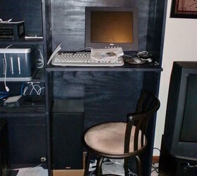 made low profile computer stereo desk, Bar stool in foreground to illustrate height
