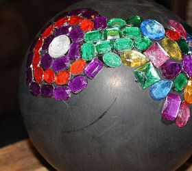 homemade gazing balls, repurposing upcycling, On this one we added different jewels
