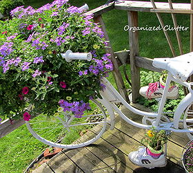 add a bike to the garden just for fun, flowers, gardening, outdoor living, repurposing upcycling, My bike has annuals planted in a coconut liner in the basket