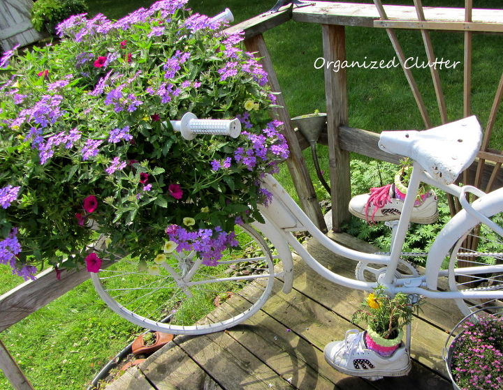 adicione uma bicicleta ao jardim apenas por diverso, Minha bicicleta tem plantas anuais em um forro de coco na cesta