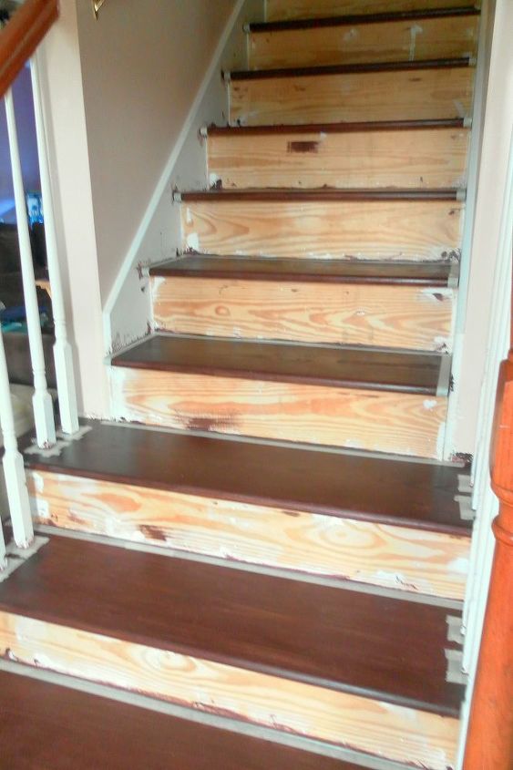 a creative staircase makeover, diy, stairs, The first coat of stain goes on the steps