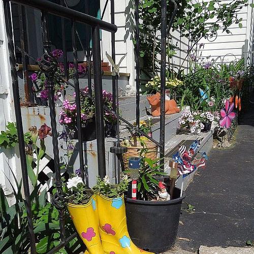 my garden and a friends tipsy pots, flowers, gardening, outdoor living, I really love the way these boots came out