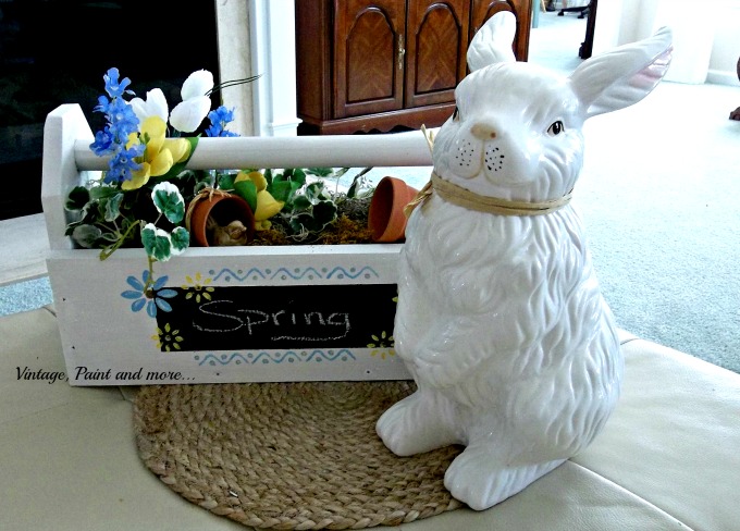 toolbox to spring centerpiece, repurposing upcycling, seasonal holiday d cor, Wouldn t be complete without our favorite white rabbit