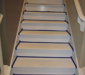 removing carpet from stairs and painting them, Apply painters tape and first coat of white paint to the risers