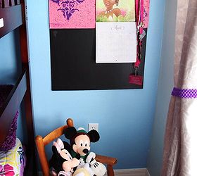 makeover to a princess room, A little nook at the end of the bunk bed with a small chalk board and a pin board painted the colors of her room This is meant to be a space where she can pin up things she likes draw pictures and more