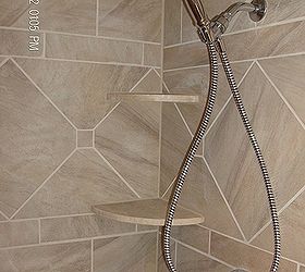 custom tile shower, bathroom ideas, tiling, Corner shelves installed