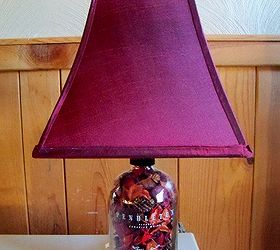 how to repupose a pendleton whiskey bottle, repurposing upcycling, Filled with red potpourri added a burgundy shade Nice lamp