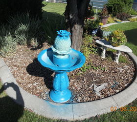 q my project with blue paint the i dont care howit turns out attitude, outdoor living, painting, Well why not paint the old grey fountain too haha There is a bird poop in there I painted right over it snicker I didnt paint the inside because I am going to put succulents in there