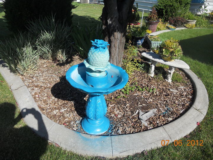 q my project with blue paint the i dont care howit turns out attitude, outdoor living, painting, Well why not paint the old grey fountain too haha There is a bird poop in there I painted right over it snicker I didnt paint the inside because I am going to put succulents in there