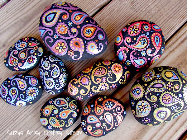 painted paisley stones, crafts, gardening, painting, Paisley stones river rocks painted with acrylic metallic paint