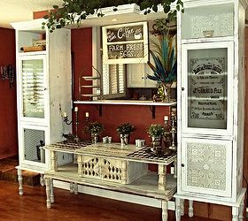 farmhouse coffee pantry french armoire from curbside junk, chalk paint, painted furniture, repurposing upcycling, This is the final result An ugly coffee table turned into a french buffet and two outdated cabinets become functional pantries
