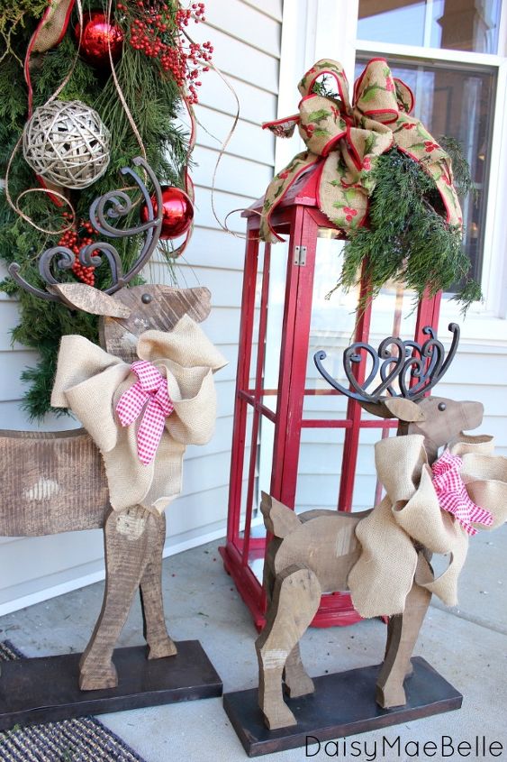 decorating my front porch for christmas, christmas decorations, porches, seasonal holiday decor, The deer are ready with their burlap bows