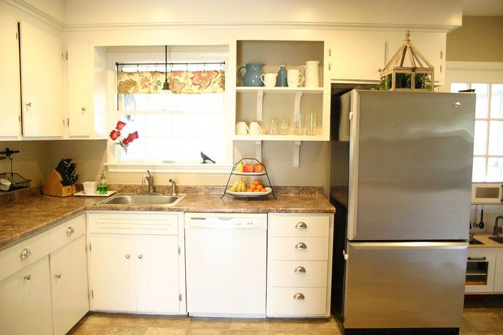 my kitchen and working with what you have, home decor, home improvement, kitchen design, After By removing some cabinets doors I created the look of open shelving It added some visual depth and interest to my kitchen