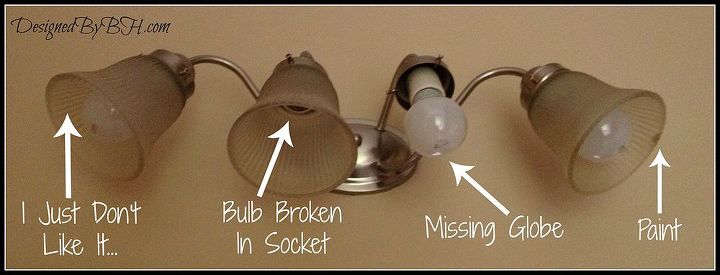 easy cheap diy lighting update, lighting, Ugly bulbs a broken bulb in the socket a missing globe and some paint made our master bath light fixture look terrible