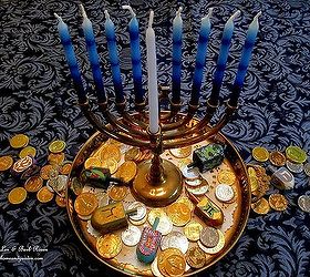happy chanukah, fireplaces mantels, seasonal holiday d cor, Chanukah gelt and menorah on our holiday table