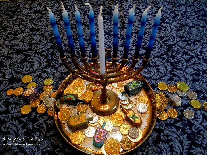 happy chanukah, fireplaces mantels, seasonal holiday d cor, Chanukah gelt and menorah on our holiday table