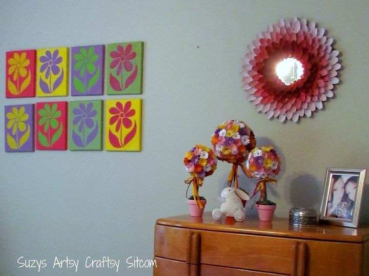 disney revamp of a bland guest room, bedroom ideas, home decor, DiY stenciled art work paper flower topiaries Chrysanthemum mirror made from plastic spoons