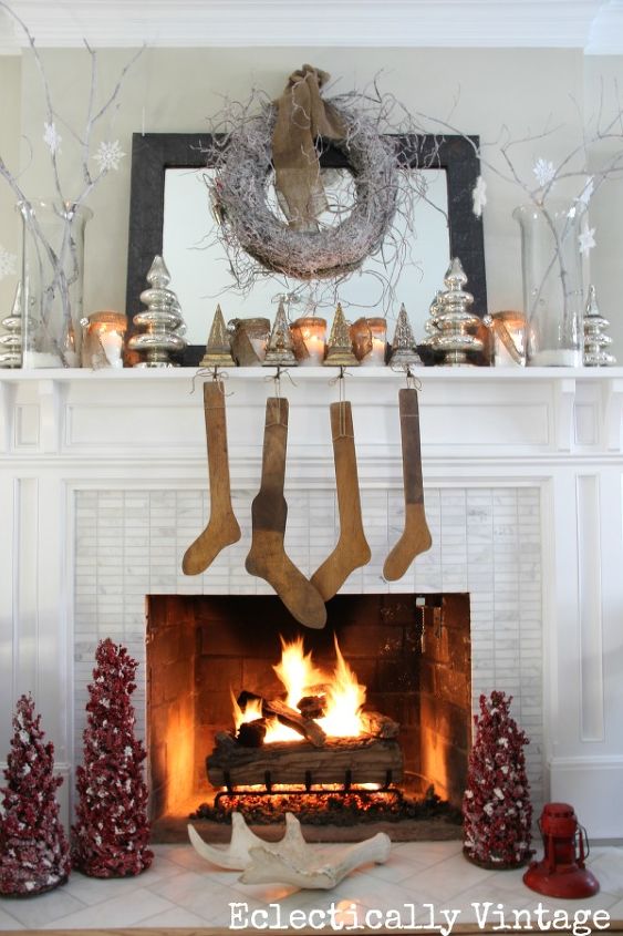 winter white christmas mantel, christmas decorations, seasonal holiday decor, Glitz and rustic combine