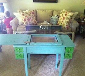 old sewing machine table, painted furniture, Turned it into a bar can hold ice and drinks