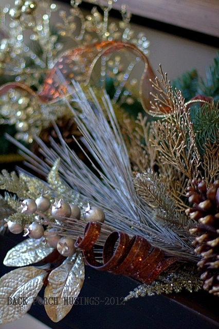 first christmas vignette 2012, christmas decorations, seasonal holiday decor, The champagne picks sort of resembles tarnished vintage tinsel color