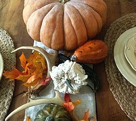 10 yard sale find antique farm table and fall tablescape, painted furniture, seasonal holiday decor, A simple vintage linen runner topped with fall fruits antlers and leaves is a simple centerpiece which adds beauty without distracting from the table