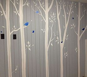 room makeover for our oldest daughter, bedroom ideas, flooring, home decor, Here is the finished feature wall with the bright blue birds and butterflies just to add some fun
