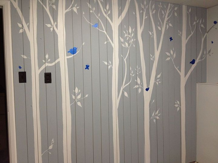 room makeover for our oldest daughter, bedroom ideas, flooring, home decor, Here is the finished feature wall with the bright blue birds and butterflies just to add some fun