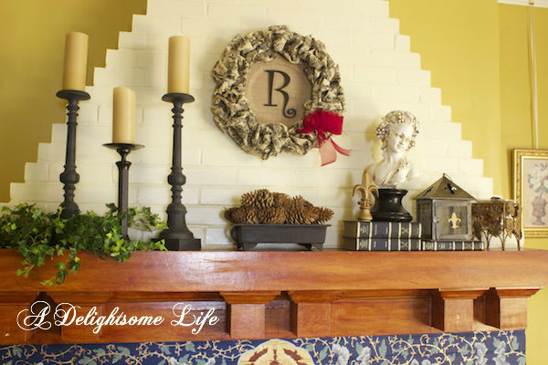 winter mantel with diy toile fabric and monogram wreath, fireplaces mantels, seasonal holiday d cor, thanksgiving decorations, wreaths