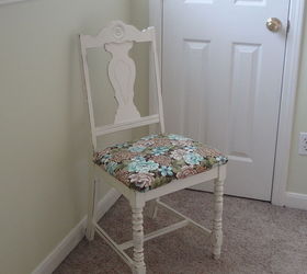 newly decorated guest room, bedroom ideas, home decor, painted furniture, Bought the chair at a garage sale for 5 several years ago Painted distressed and covered the seat The floral fabric is also on the rolled pillow on the bed The fabric ties all the colors together in the room