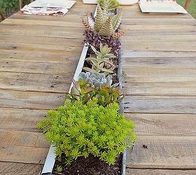 mostly pallet wood farmhouse table with gutter succulent planter, diy, flowers, gardening, how to, outdoor furniture, outdoor living, painted furniture, pallet, repurposing upcycling, succulents, woodworking projects
