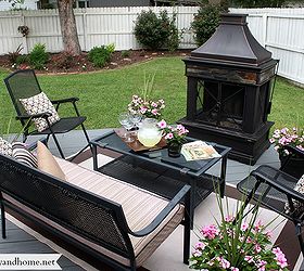 back deck makeover pergola reveal, decks, fireplaces mantels, outdoor furniture, outdoor living, painted furniture, One of two entertaining areas