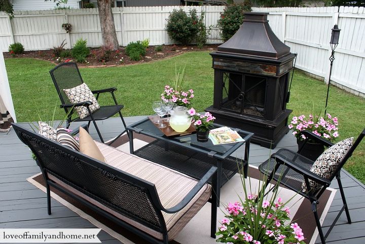 back deck makeover pergola reveal, decks, fireplaces mantels, outdoor furniture, outdoor living, painted furniture, One of two entertaining areas