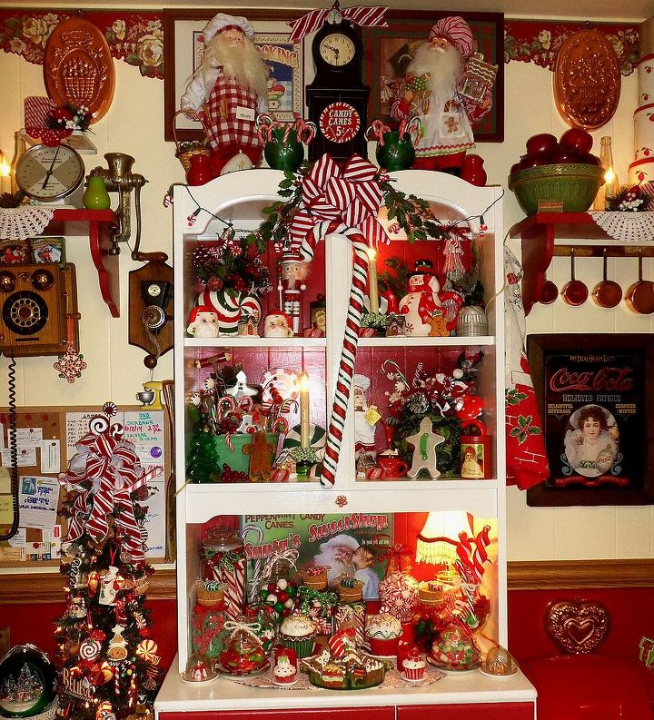 christmas home tour part 4 christmas candy kitchen, seasonal holiday d cor, I replaced everything in the hutch with Christmas things