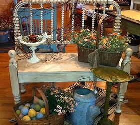 bedtime in the flea market garden, flowers, gardening, repurposing upcycling, Kim Kick Leifheit bed frame vignette from a bed frame her husband made into a bench