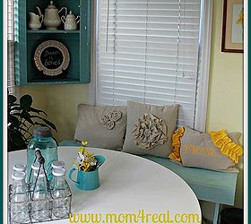 cottage breakfast nook, home decor, kitchen design, shelving ideas, I used a bench for seating against a window with a poor view I added some dropcloth pillows for a fun touch