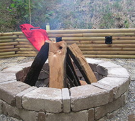 creating a creek stone patio fire pit, Fire Pit with timber retaining wall