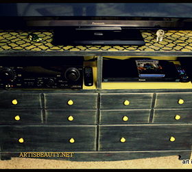 old trashed dresser turned into an entertainment center, painted furniture, finished entertainment center made from old dresser