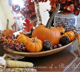 using my grandmother s dough bowl in fall decor, seasonal holiday d cor, thanksgiving decorations, Last year a long stemmed pumpkin plus other natural elements filled the bowl
