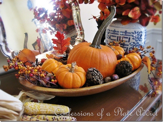 using my grandmother s dough bowl in fall decor, seasonal holiday d cor, thanksgiving decorations, Last year a long stemmed pumpkin plus other natural elements filled the bowl