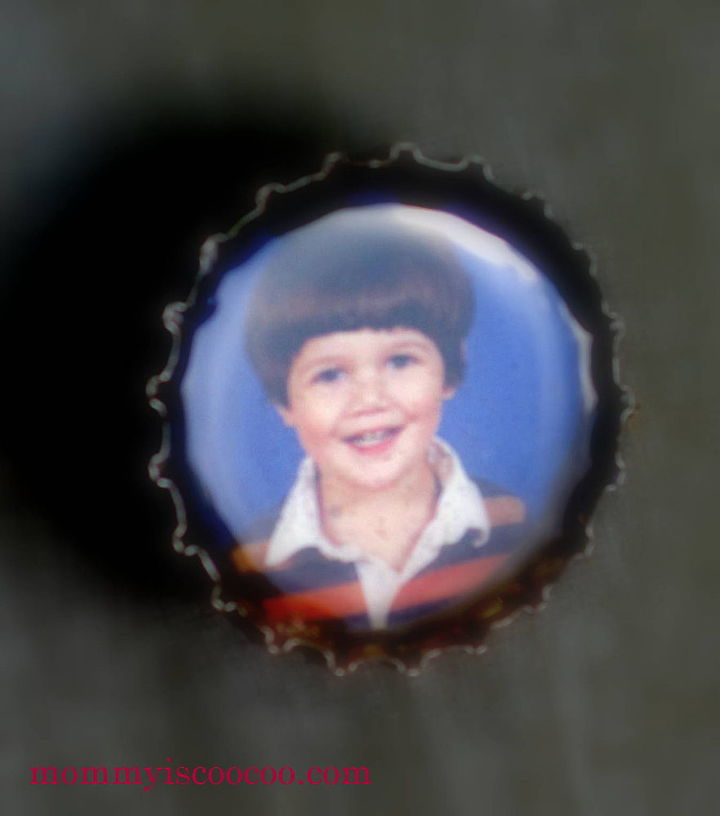 turning your kids picture proofs into bottle cap magnets, crafts