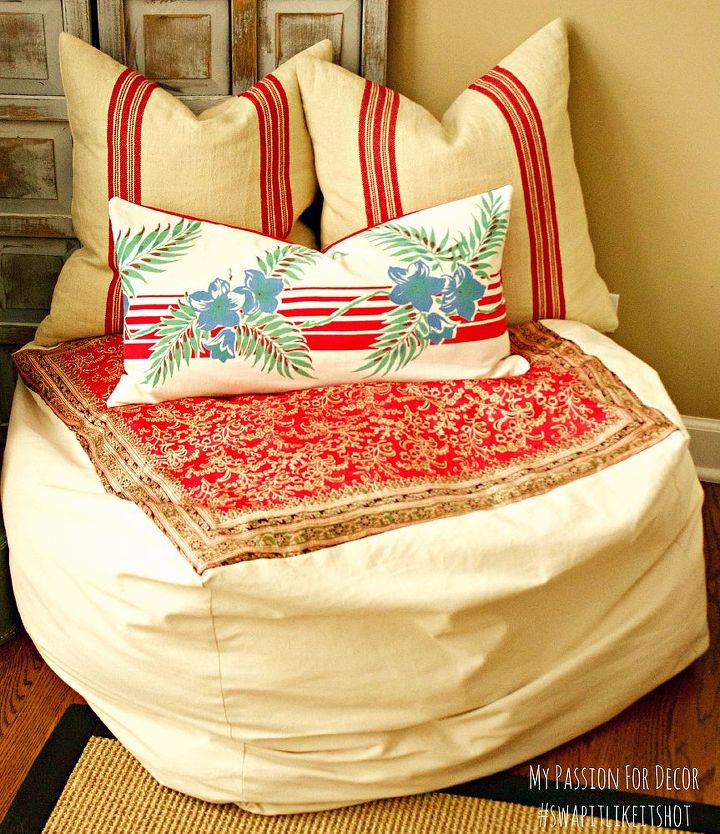 west elm inspired pouf using a vintage silk scarf, home decor, painted furniture, repurposing upcycling, reupholster