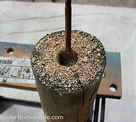 diy wooden firecrackers and our summer front porch, crafts, outdoor living, patriotic decor ideas, seasonal holiday decor, Drilling a hole for the wick