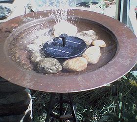 copper birdbath on wrot iron stand 10 floating solar fountain 25 brass, gardening, ponds water features, Fountian floats around and only shoots up water in direct sun No batteries required Add rocks for the birds and to hold in the center or it would spit the water over the sides